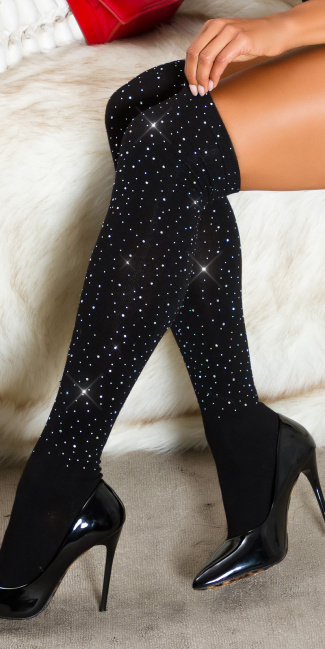 Overknee stockings met glitter zwart
